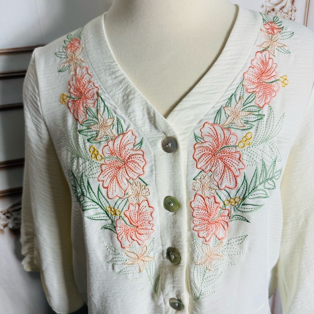 Ruby Rd. Cream Button-Front Top with Peach Floral Embroidery - Picture 2 of 6